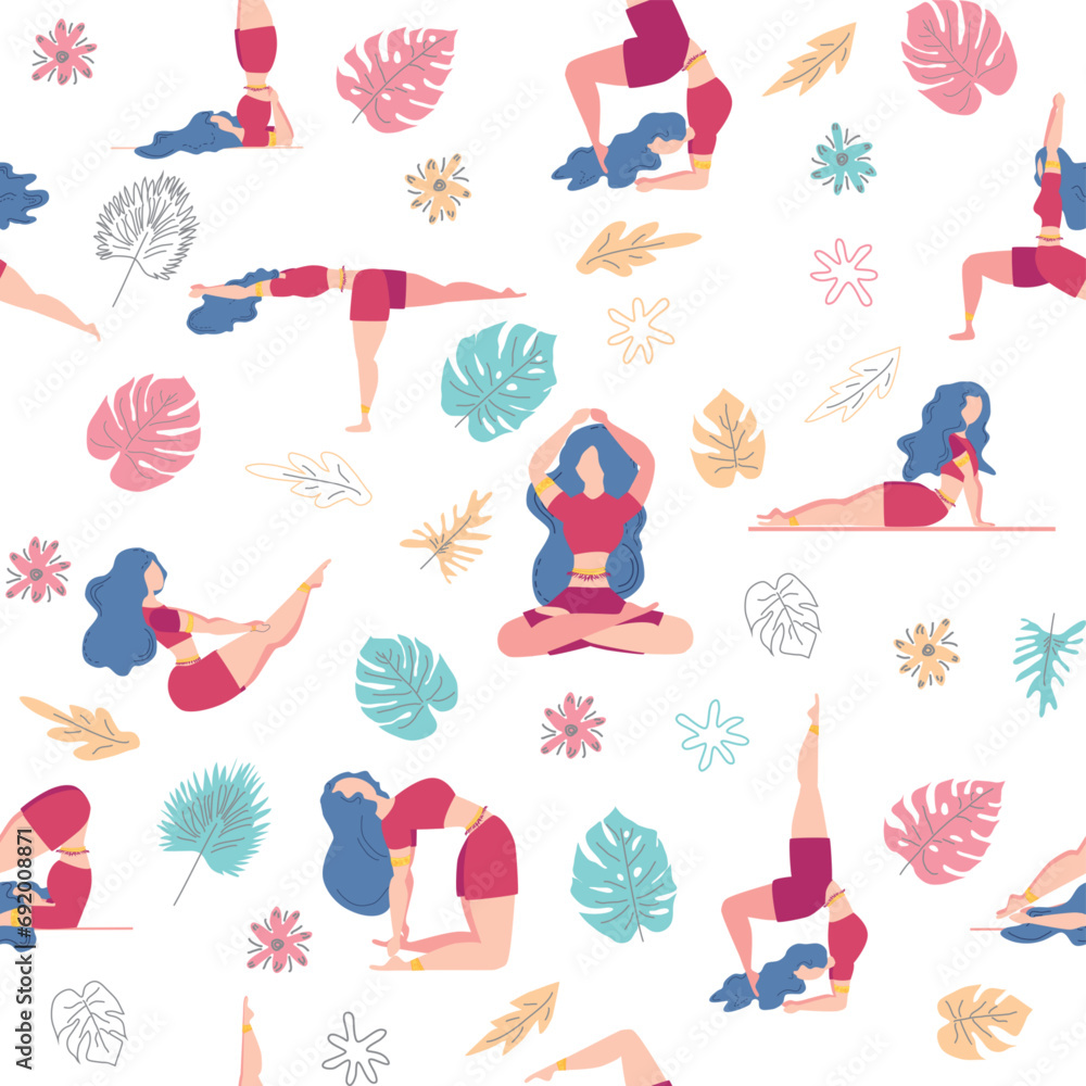 Seamless pattern Plus size curvy girls doing yoga class. Online home workout concept. Body positive Seamless pattern Plus size curvy girls doing yoga class. Online home workout concept. Body positive