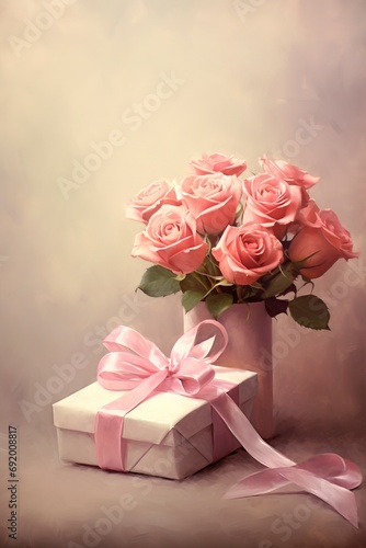 beautiful roses and gift box  rendered in impressionism style  copy space  generative ai