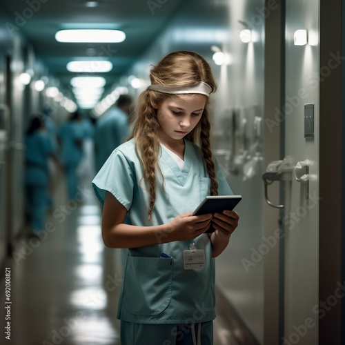 A child with a phone in a hospital coridor