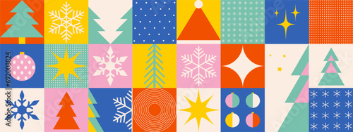 Merry Christmas and Happy New Year seamless geometric pattern in bauhaus style. Vector flat illustration for background, greeting cards, posters, holiday cover, banner in swiss style.