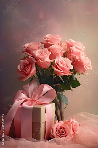 beautiful roses and gift box, rendered in impressionism style, copy space, generative ai