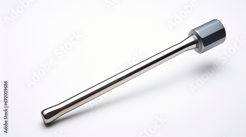A close-up of a stainless steel reflex hammer, a fundamental instrument for neurological examinations, on a clean white background.