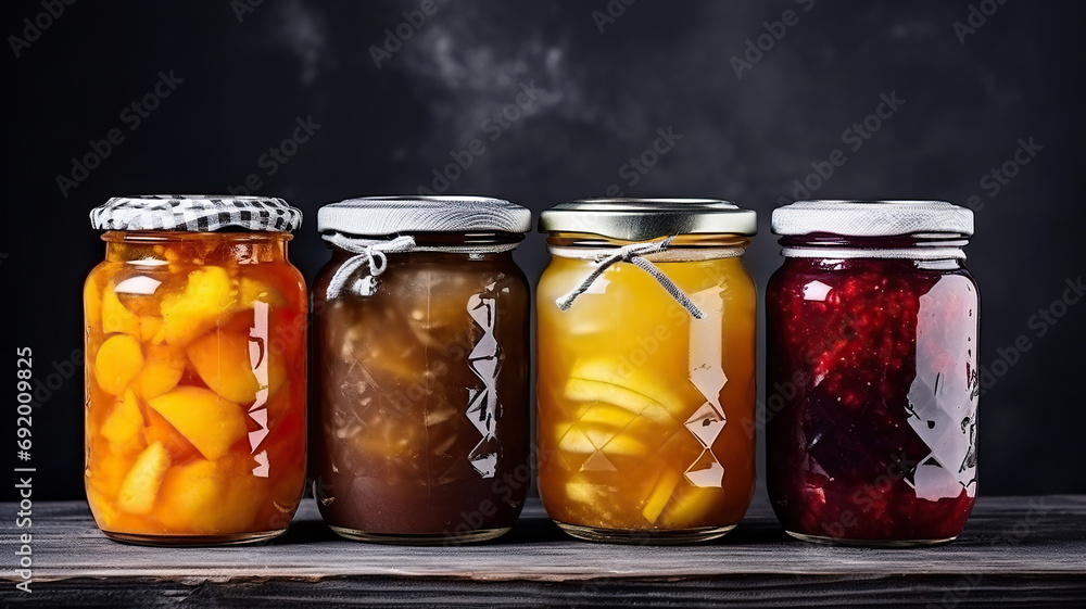 Preserved fruits and vegetables in glass jars on a wooden table. Four cans of canned fruit close-up on dark grey background. - obrazy, fototapety, plakaty 
