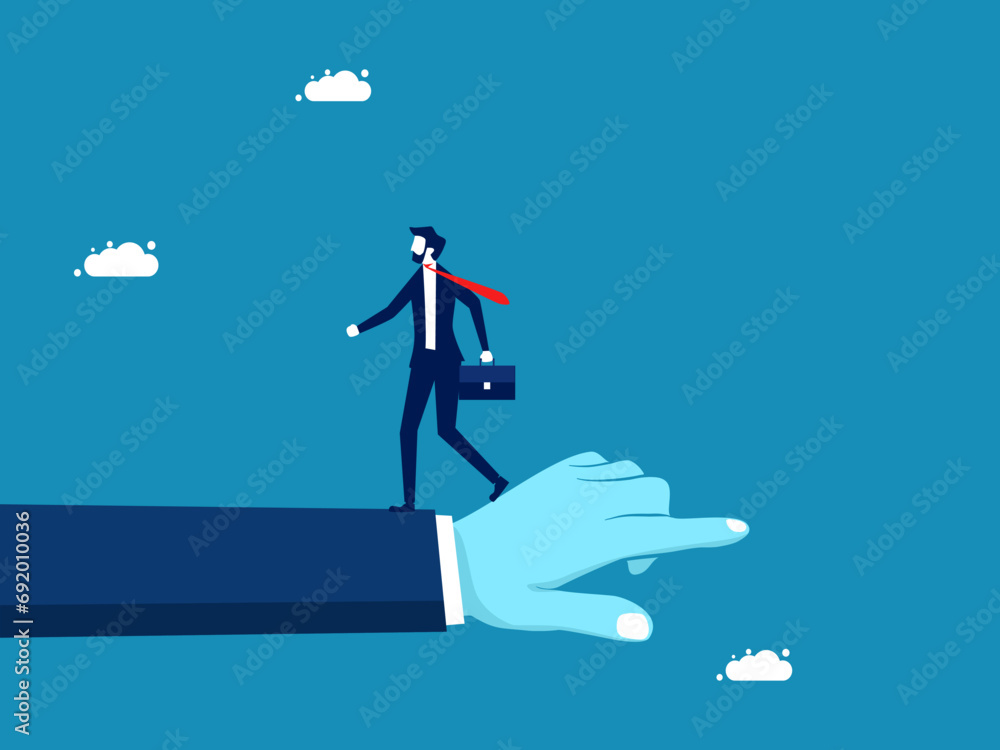 Different ideas. Businessman on giant hand pointing in opposite direction. vector