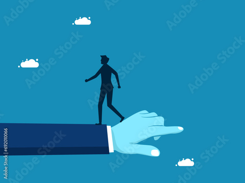 Direction of employee conflict. Businessman on giant hand pointing in opposite direction. vector