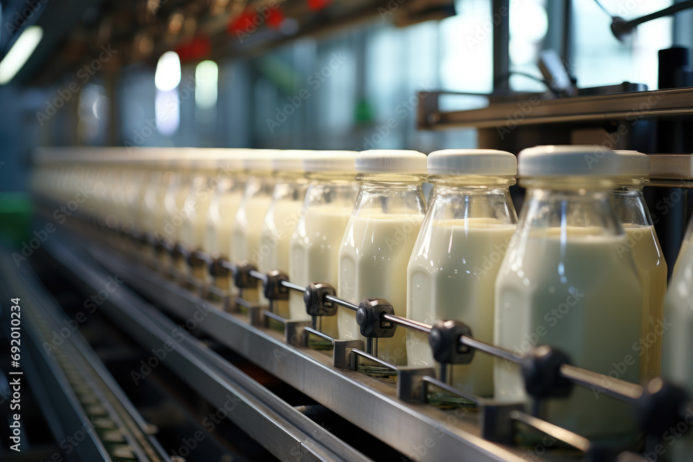 bottles of milk on a conveyor. modern milk factory.