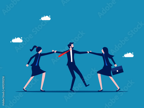 Two women compete for a man. Recruitment concept. Vector