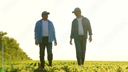 Agriculture. two male farmers walk through farmer field sunset. business meeting two entrepreneurs. two agronomists sunset. team farmers agronomists discuss harvest. organic vegetables. fresh sprouts