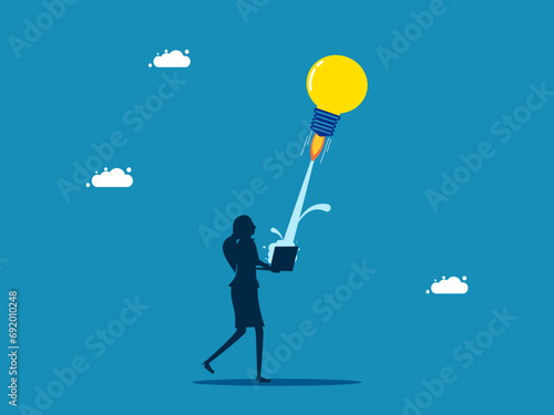 Imagination at work, the origin of knowledge. Businesswoman launches lightbulb rocket with laptop. vector