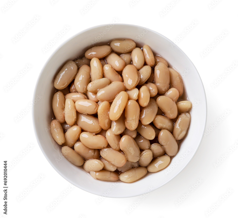 Canned white beans in a plate on a white background. Top view Canned white beans in a plate on a white background. Top view