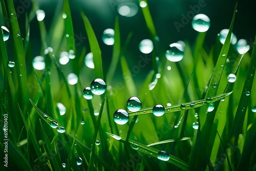 Close-up of dewdrops on the blades of grass, nature's delicate jewels