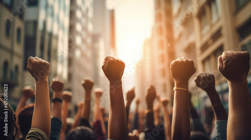 Movement for equality and justice with this powerful image of a diverse group, raising their fists in a gesture of unity. The strength and determination of a community standing together. photo