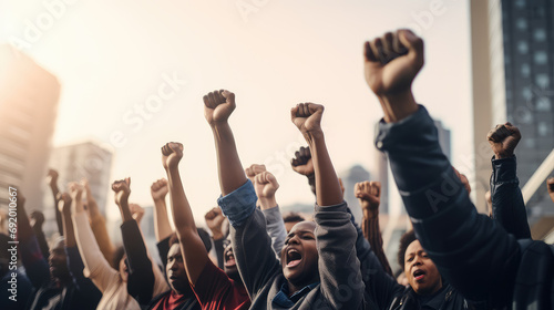 Movement for equality and justice with this powerful image of a diverse group, raising their fists in a gesture of unity. The strength and determination of a community standing together. photo