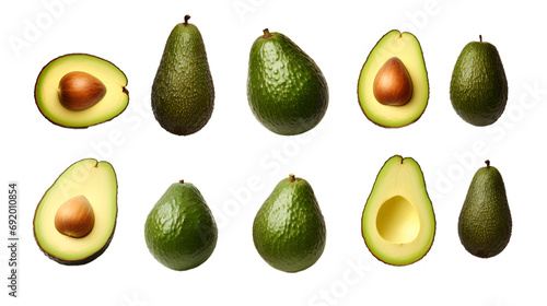Collection of whole and cut avocado fruits cutout