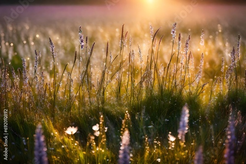 A tranquil meadow with dew-kissed grass and colorful blossoms