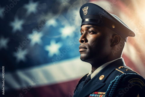 Fotografia US soldier in the battle field saluting in front of the United States of America flag background