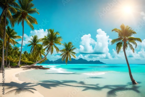 Beach background. Beautiful beach landscape. Tropical nature scene. Palm trees and blue sky. Summer holiday and vacation concept. © AI ARTISTRY