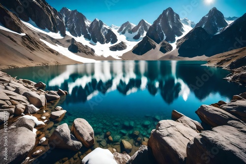A pristine alpine lake nestled between rugged snow-capped peaks, mirroring the clear blue sky.