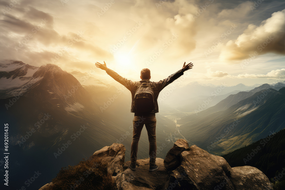 Positive man celebrates on the mountain top, joy and triumph in the great outdoors, symbolizing the elation of reaching new heights. Positive man celebrates on the mountain top, joy and triumph in the great outdoors, symbolizing the elation of reaching new heights.