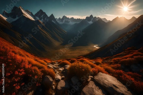 A serene and untouched vista of wild nature at sunrise  nestled among the lofty peaks of the mountain range