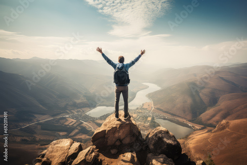 Positive man celebrates on the mountain top, joy and triumph in the great outdoors, symbolizing the elation of reaching new heights.