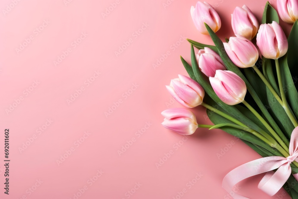 Bouquet of tulips on pink background. Spring background. Concept for international women's day, mother's day. Copy space