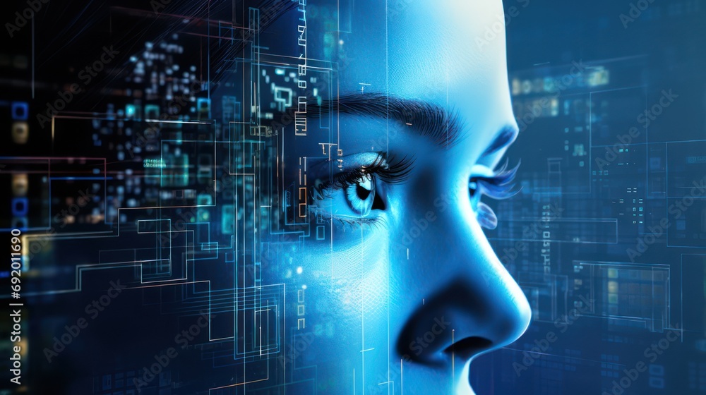 Future advanced hologram screen eyes, Humanoid technology algorithm VR system. Future advanced hologram screen eyes, Humanoid technology algorithm VR system.