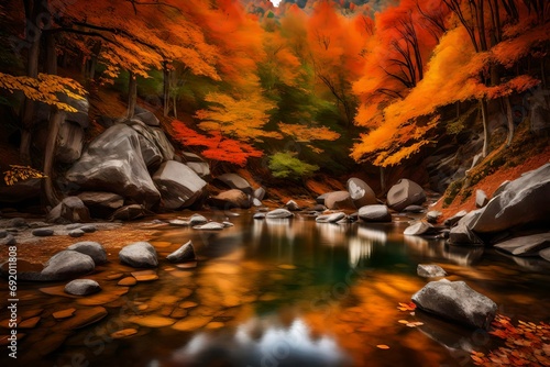 A tranquil riverbank adorned with vibrant autumn foliage  smooth rocks  and the clear waters of the season s beauty
