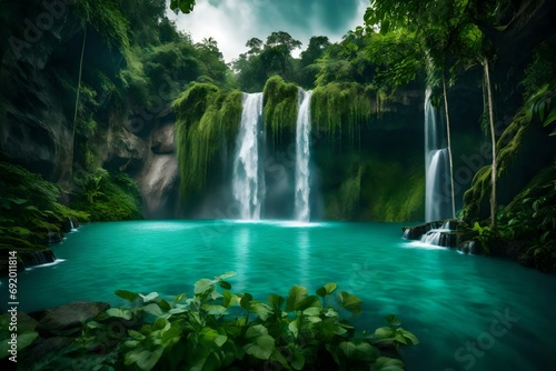 A majestic waterfall crashing down into a turquoise pool  surrounded by lush vegetation.