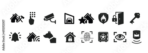 Home Security Icons Set. Home Security line icon set. Included the icons as door lock, dog, thief, key, burglar alarm, cctv and more.