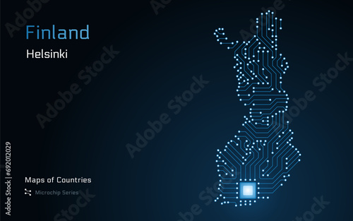 Finland Glossy Map with a capital of Helsinki Shown in a Microchip Pattern with processor. E-government. World Countries vector maps. Microchip Series