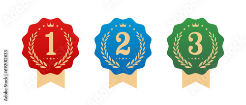 Set of medals for first second and third place. 1st 2nd 3rd medal icons Vector illustration