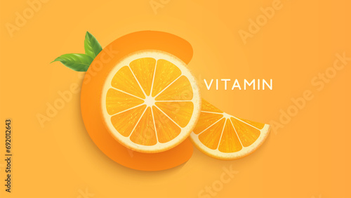 Vitamin C tablet banner ad with orange fruits. Citrus slices on simple orange background. Health, immunity and beauty concept. Vector Illustration