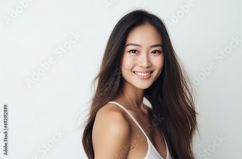 Beautiful Asian Model: Smiling at Camera, White Background