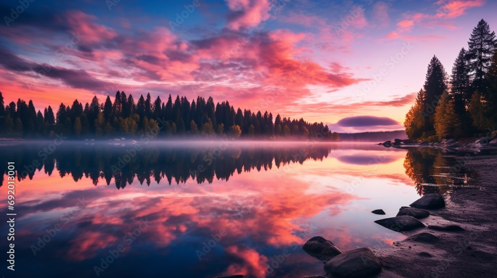 A crystal-clear lake reflecting the pink and blue hues of the evening sky.