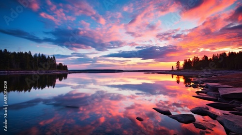 A crystal-clear lake reflecting the pink and blue hues of the evening sky."