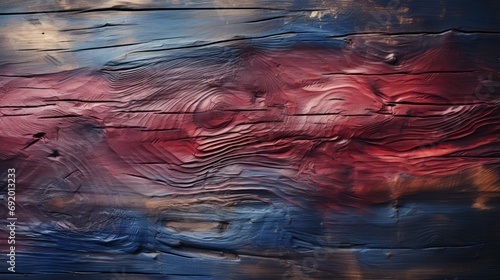 An abstract painting depicting a vibrant red and blue wood, evoking feelings of tranquility and exploration through its unique use of color and style photo