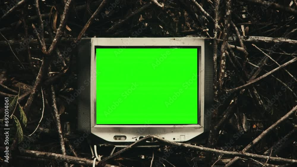Old Monitor Green Screen Dumped Woods Vintage TV Zoom In. Vintage