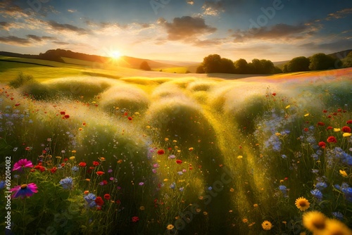 Sun-kissed meadows with vibrant wildflowers dancing in a gentle breeze © CREATIVE AI ARTISTRY