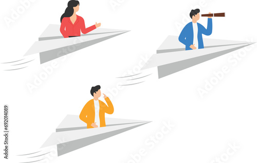 Business leadership, power to lead employees to achieve targets, vision to see opportunity for team concept. Businessman boss flying paper plane leading teammate planes to right direction.

