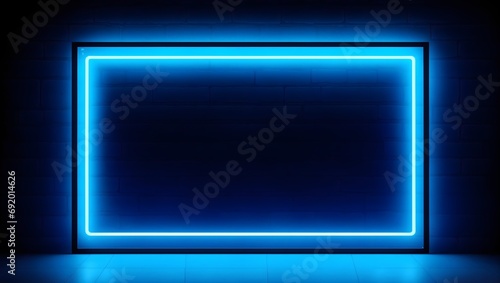 Blue Neon Light Frame on Dark Brick Wall. Isolated Empty Blue Frame for Mockup or Design Presentation with Black Brick Wall Texture.