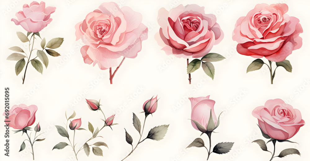 set of vintage rose watercolor
