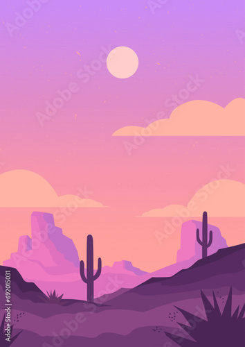 Desert landscape with cactus, cloud, moon. Beautiful scenery vector graphic for travel poster in retro style. For poster, card, banner, cloth design ideas. Sunset in canyon. Hand drawn illustration. © Meowcher24