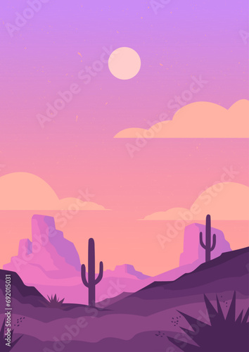 Desert landscape with cactus  cloud  moon. Beautiful scenery vector graphic for travel poster in retro style. For poster  card  banner  cloth design ideas. Sunset in canyon. Hand drawn illustration.