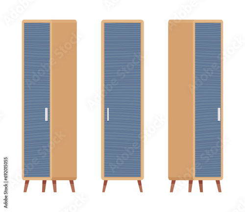 Storage closet, tall slim brown linen one door cabinet set. Wooden living room organizer, bedroom interior item. Vector flat style cartoon home, office furniture objects isolated on white background