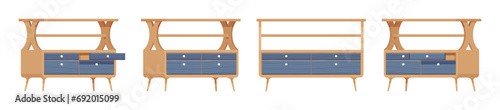 Drawer small yellow nightstand with open shelf, flat tabletop set. Bedroom, entryway table, display for lamp, photos. Vector flat style cartoon home, office furniture objects isolated white background
