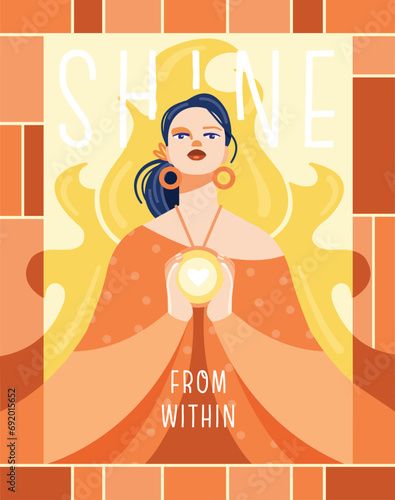 Fire goddess within geometric shape frame. Inspirational quote.