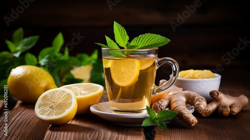 A Refreshing Cup of Tea with Lemon, Fresh Ginger and Mint. A cup of tea with lemons, ginger and mint