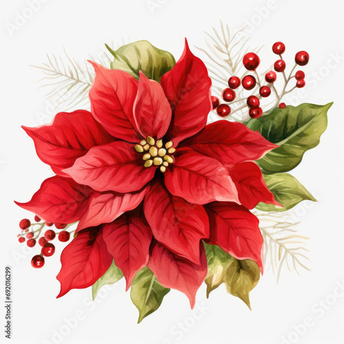 Watercolor illustration of poinsettia flower  red and green leaves on a white background