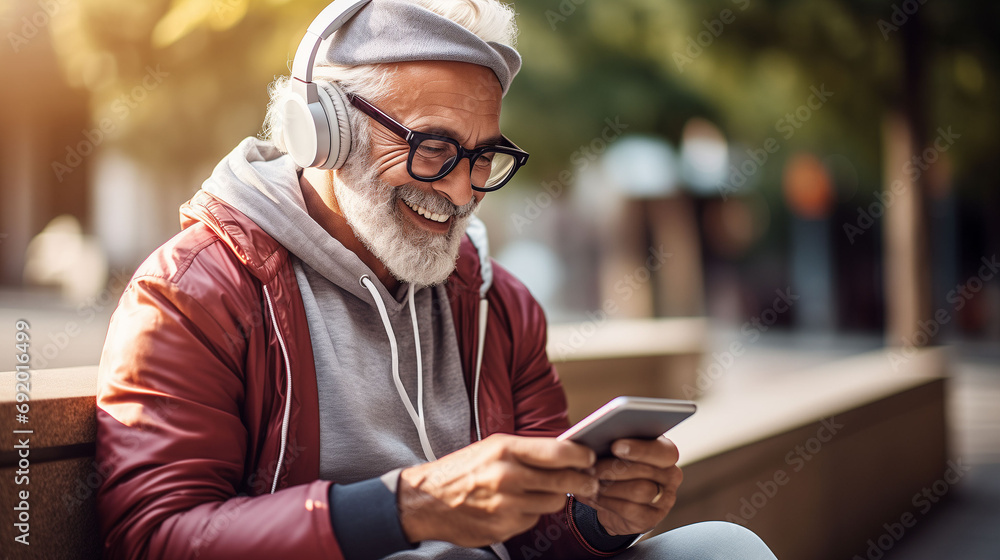 Old man uses tablet and headphones to amplify joyful conversation with grandchildren about weather and children school progress. Senior man dressed in style sits on park bench watching fashion advice - obrazy, fototapety, plakaty 